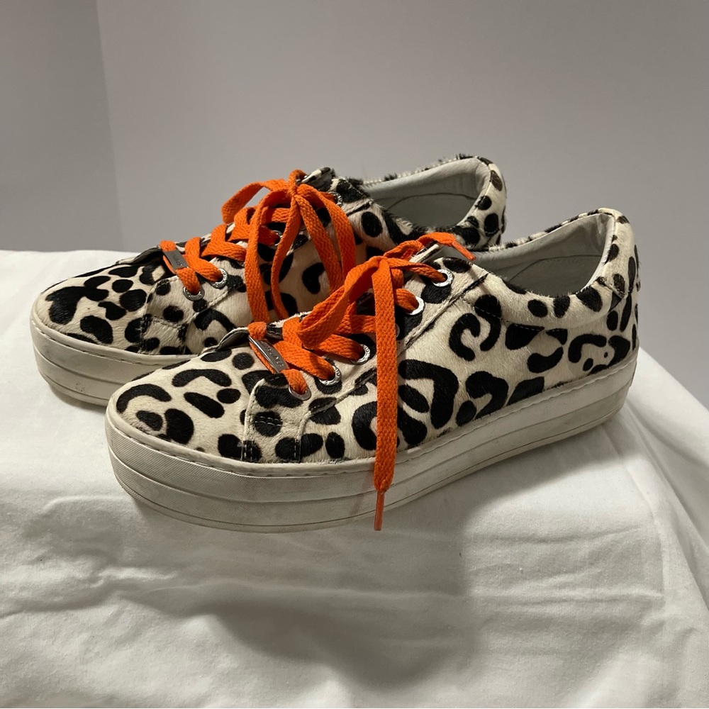 J Slides Leopard Print Sneakers with Orange Laces Size 6 Women’s